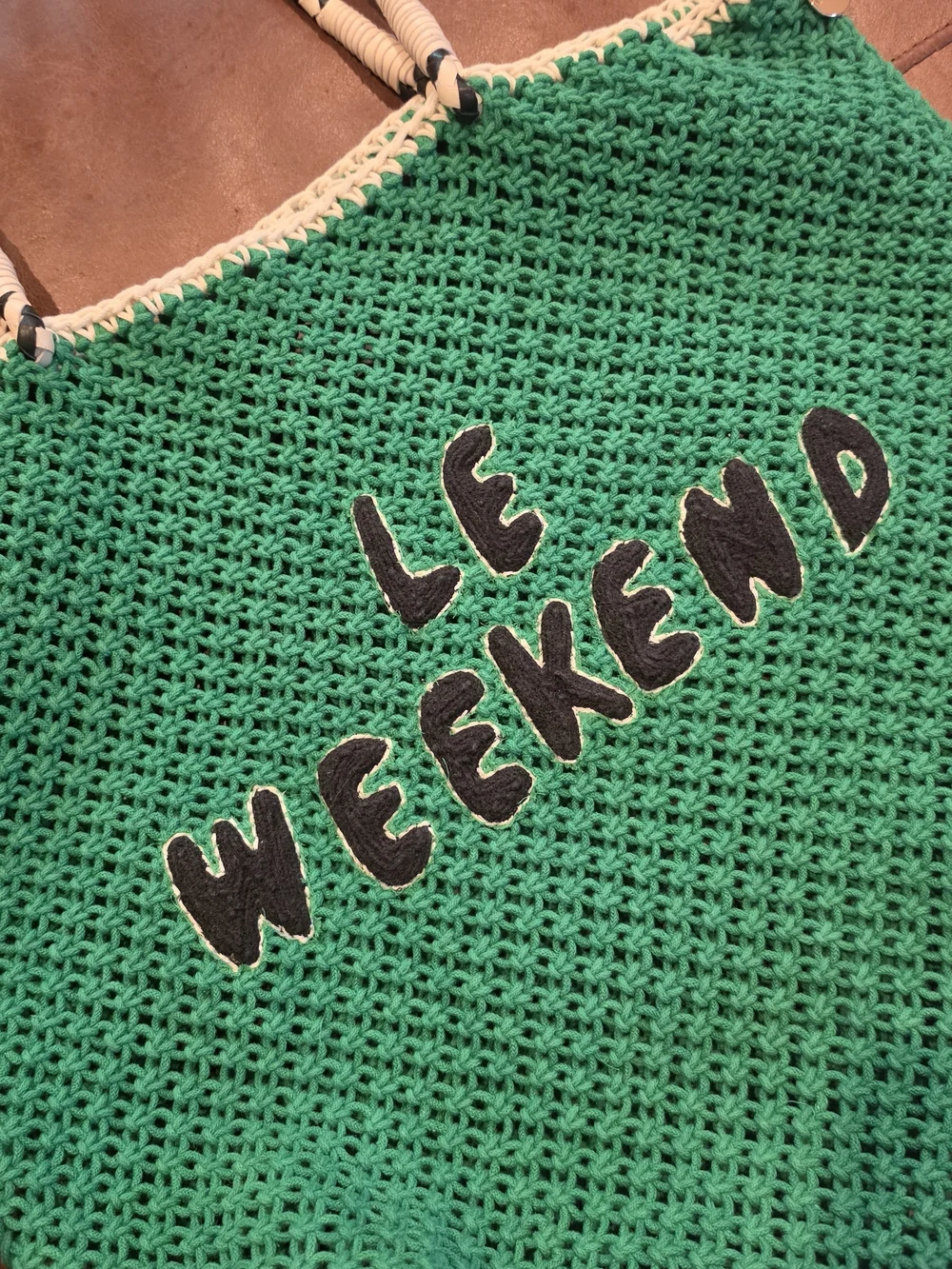 Clare V LE WEEKEND Green Crochet Tote with Striped Handles